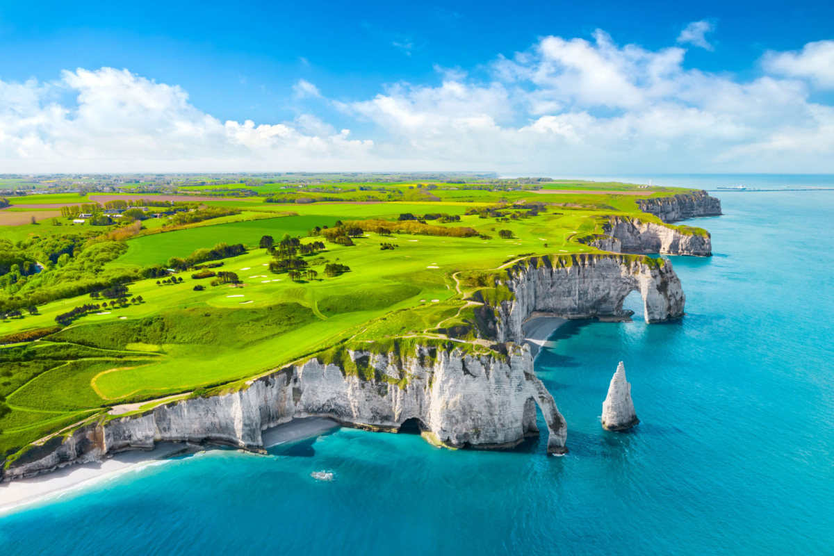 aerial view of etretat coastline